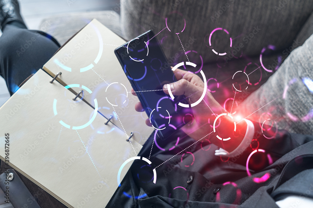 Poster double exposure of man texting on phone on high tech project. technology hologram. concept of resear