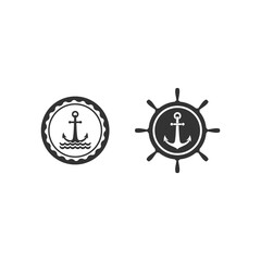 Nautical labels set. helm and anchor isolated on white. Ship and boat steering wheel sign.