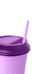 A part of eco friendly paper craft cup for coffee with black lid and drink tubule on the white background. Zero waste, plastic free concept. Sustainable lifestyle. Front view.