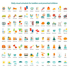 Daily visual schedule for toddlers and preschool children. Childish vector illustration in cartoon style