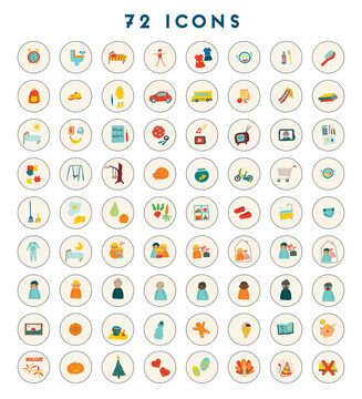 72 icons for kids. Childish vector illustration for toddler schedule