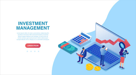 Vector of businesspeople managing finances using computer