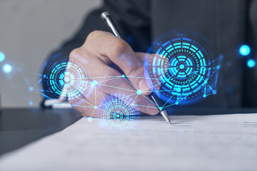 Double exposure of man sign contract on high tech project. Technology hologram. Concept of...
