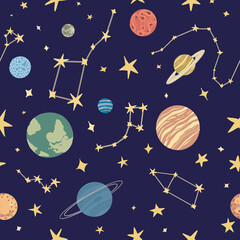 Seamless pattern of the planets of the Solar System in flat style. Pattern with planets and stars. Vector blue background, perfect for fabric, textile, wallpaper, wrap paper