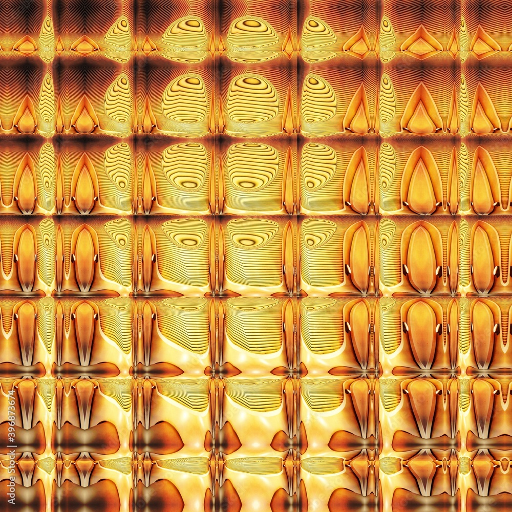Poster bright neon yellow gold spiral patterns on black background generating many intricate shapes and fut