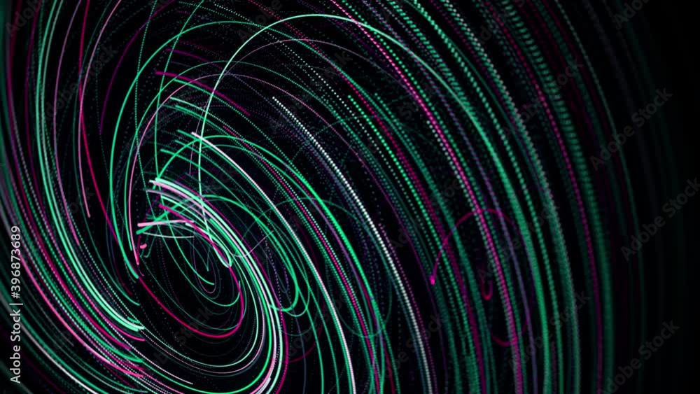 Poster neon lines swirling in swirl on black background. animation. effect of neon spiral vortex. neon line