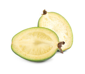 Delicious cut feijoa fruit on white background