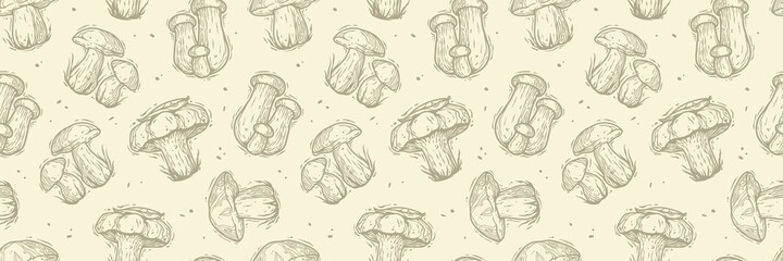 Colored seamless pattern wallpaper. Vector illustration of mushrooms. Autumn mushroom picking for vegan food and cooking design