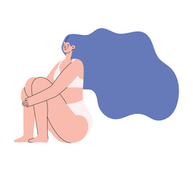 woman in underwear with long purple hair and sitting