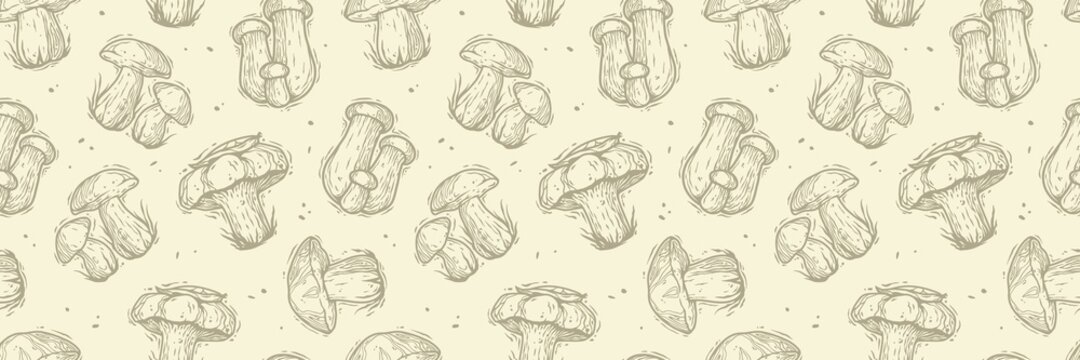 Colored seamless pattern wallpaper. Vector illustration of mushrooms. Autumn mushroom picking for vegan food and cooking design
