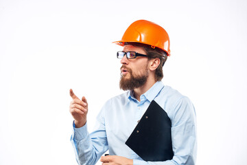 Business man in orange paint security documents providing services