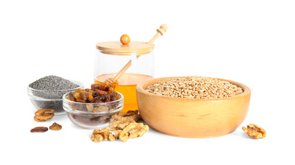 Ingredients for traditional kutia on white background