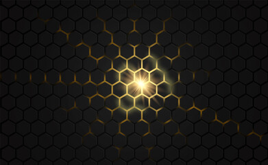 Black hexagon honeycomb 3d gold light background