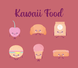 kawaii food lettering and set of kawaii food