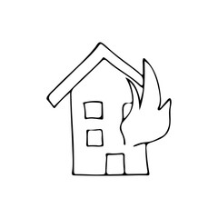 Hand drawn icon of burning house. Doodle icon of house in fire. Doodle icon of burning house