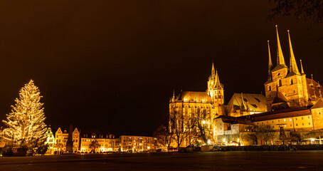 empty christmas market during covid 19 time 2020 in Erfurt at the cathedral square