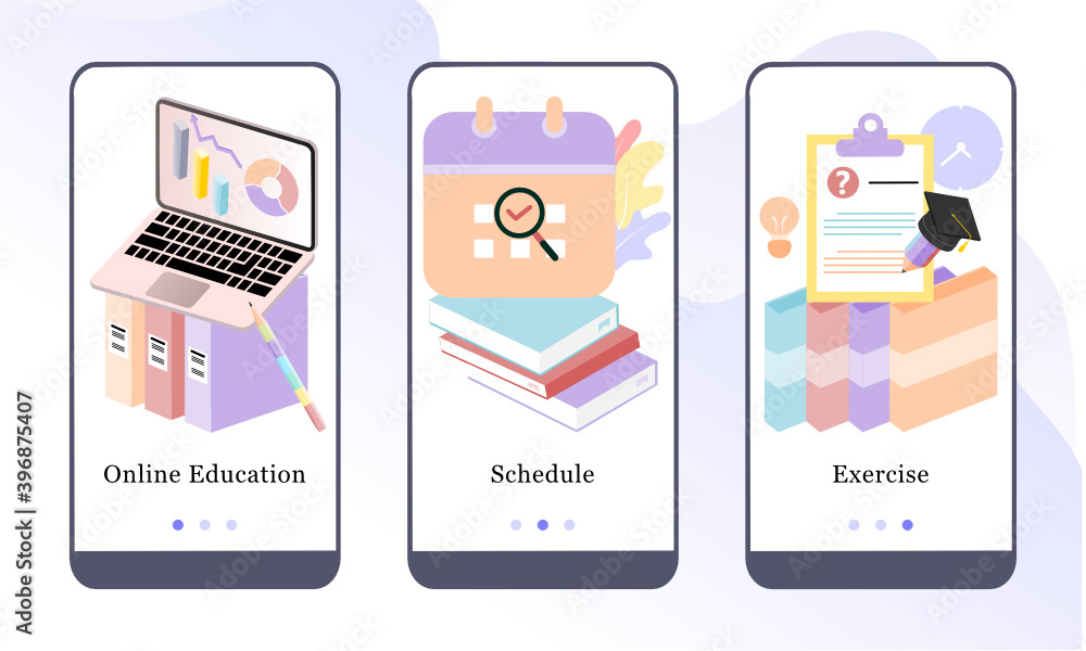 Poster e-learning mobile app onboarding screens. online education, schedule and exercise. menu vector banne
