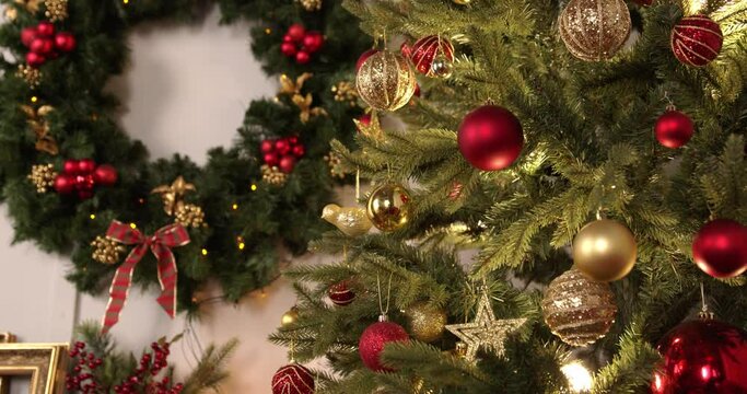 New Year 2021 mood, Christmas tree, happy holidays. Christmas gift box, traditional christmas interior.