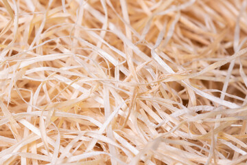 wood shavings background . Concept of environmentally friendly packaging of fragile items.