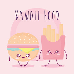 kawaii food lettering with burger and french fries