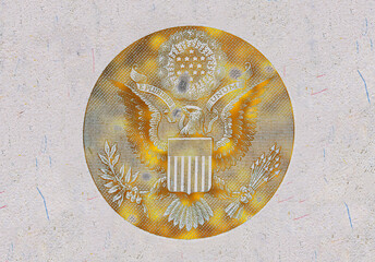 golden textured cut eagle sign from back side of 1 dollar bill on white background