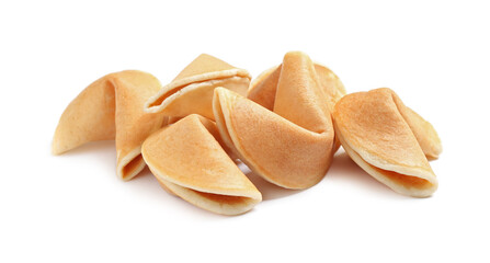 Tasty traditional fortune cookies on white background