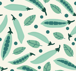 Seamless pattern of green peas with leaves on a beige background. Hand-drawn peas set. Trendy vegan food background for fabric, paper. Suitable for illustrating healthy eating, recipes, local farm.