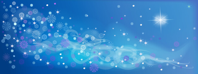 A fabulous Christmas snowstorm with snowflakes and sparkles on a blue background the color of the twilight sky. Vector illustration for invitations, new year greeting cards, banner advertising design.