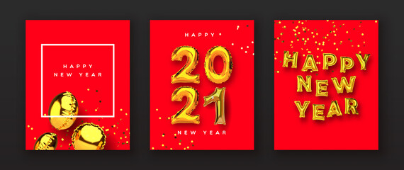 Happy new year 2021 gold 3d balloon card set