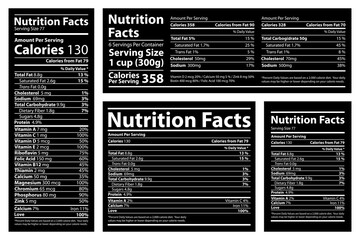 Nutrition Facts Label design template for food content. Vector serving, fats and diet calories list for fitness healthy dietary American standard guideline supplement, protein sport nutrition facts