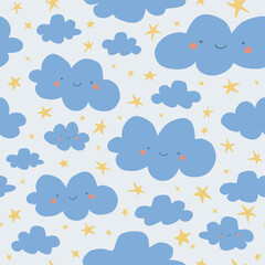 Cartoon childish seamless patterns with clouds, stars, face with smile and blush. Cute illustration