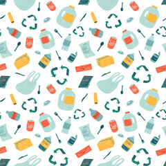 Zero waste. Seamless pattern with recyclable waste: plastic, cardboard, glass, aluminum. Concept of Living without garbage, sorting waste, separating waste