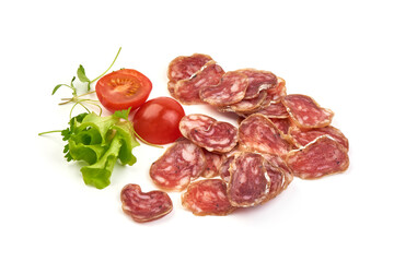 Sliced Jerked Spanish Fuet Sausage, isolated on white background
