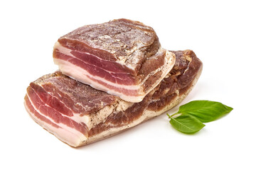 Homemade Chunks of salted bacon, isolated on white background