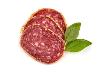 Smoked Sausage slices, isolated on white background