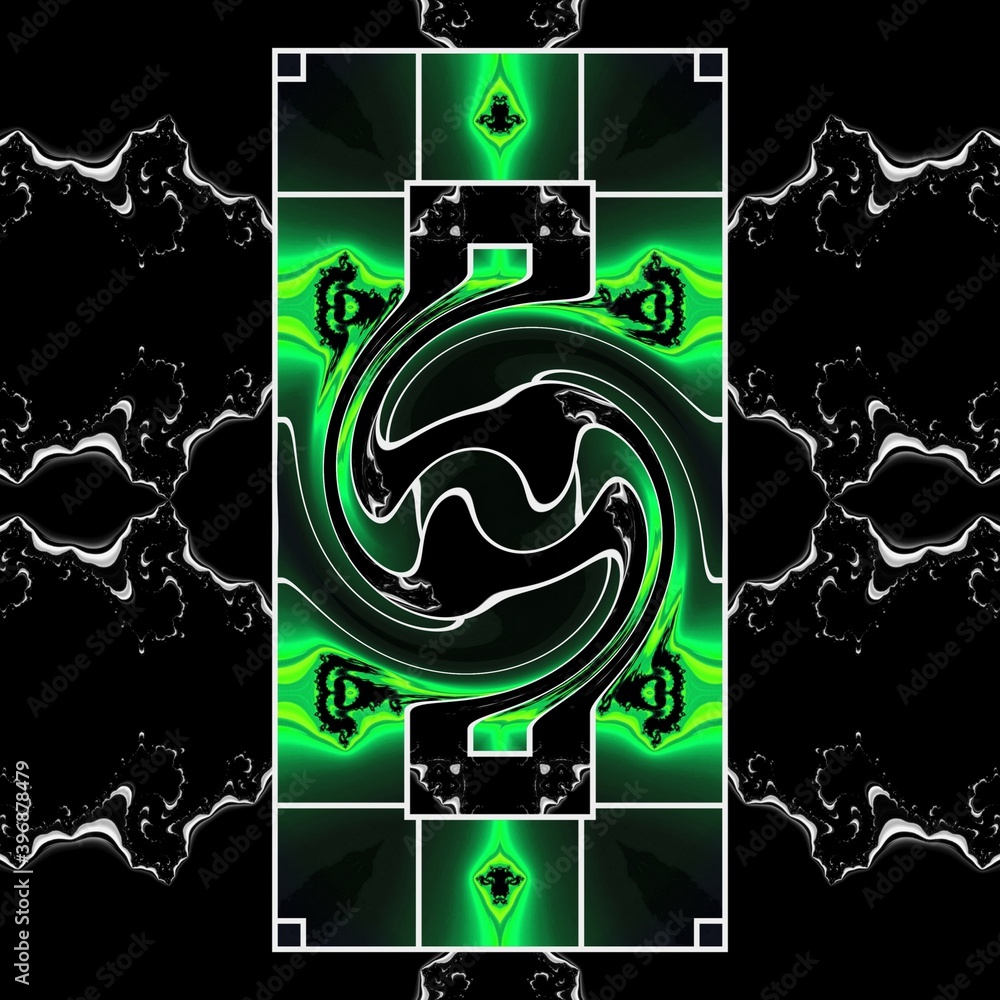 Aufkleber variations in neon green geometric symmetric patterns on black background with white grid