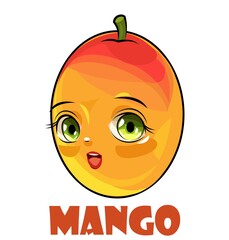 Mango fruits. Face. Inscription. The isolated object on a white background. Ripe. Cartoon flat style. Illustration. Smile. Vector