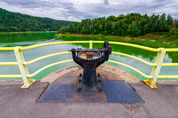 Detail of the crown of dam on Bobr river and hydroelectric water power station in Pilchowice in Poland © bubutu