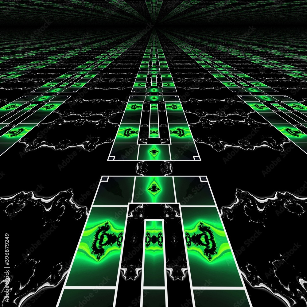 Poster variations in neon green geometric symmetric patterns on black background with white grid