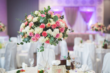 Interior of a restaurant prepared for wedding ceremony