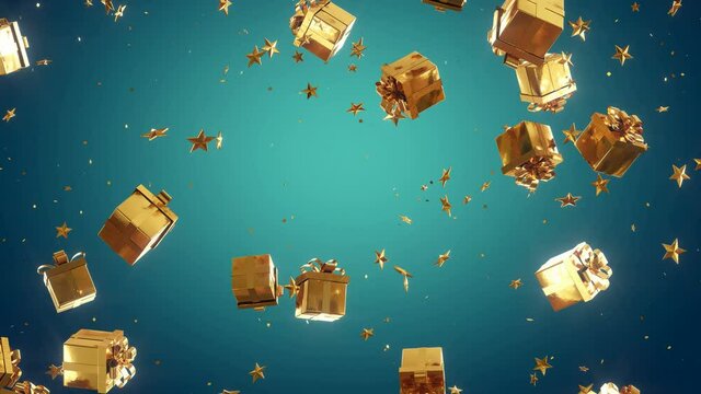 Christmas background. 3 different background with green screen. The new year 2021. Festive background. Gold Christmas gifts and Golden stars moving in space. Professional 4K 3D animation.