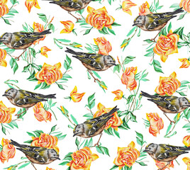 Pattern of exotic birds and flowers (yellow roses). Watercolor. Idea for wallpaper, website background, fabric, wrapping paper, prints.
