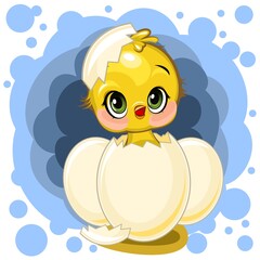 A little chick hatched from an egg. Funny chick. Cute and funny baby bird. The isolated object on a white background. Illustration. Cartoon style. Vector © Ирина Мордвинкина