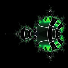 variations in neon green geometric symmetric patterns on black background with white grid