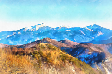 Beautiful mountain landscape at Caucasus mountains colorful painting looks like picture.