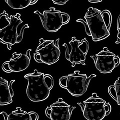 teapots outline chalk hand drawn vector isolated seamless pattern on dark background. Concept for wallpaper wrapping paper, menu