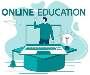 Online education.The concept of getting an education through a video conference.Advanced training courses online.People use a laptop and an online connection to get an education.