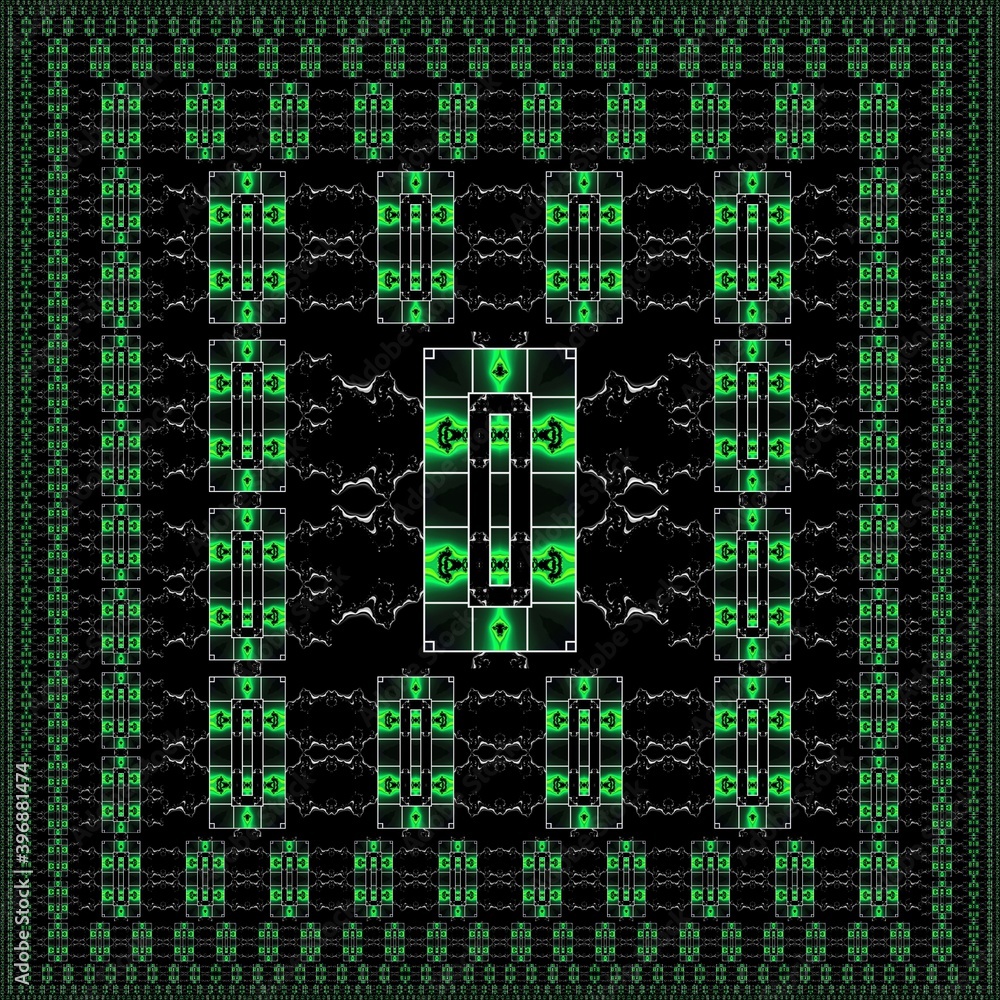 Aufkleber variations in neon green geometric symmetric patterns on black background with white grid