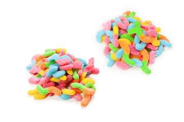 Juicy colorful jelly sweets isolated on white. Gummy candies. Snakes.