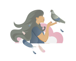 The girl is holding a blue dove.Peace symbol, freedom concept. 